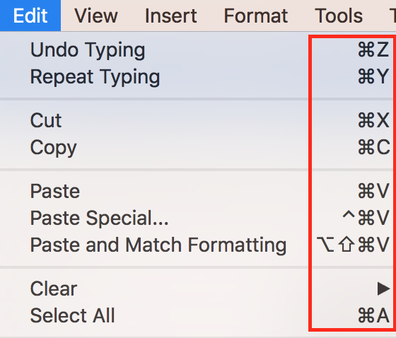 La schermata "Edit" di Photoshop con le scorciatoie da tastiera