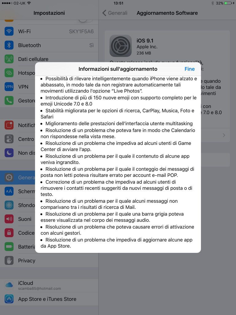 iOS 9.1 changelog ita