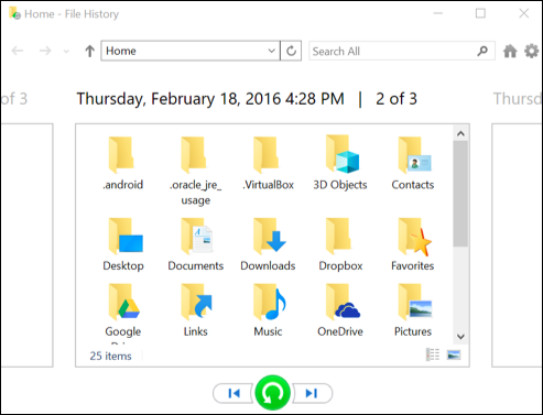 восстановить Windows 10 с историей файлов - выбор папки