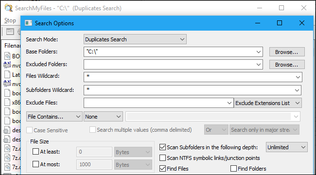 trovare e cancellare file duplicati su windows 10 con SearchMyFiles