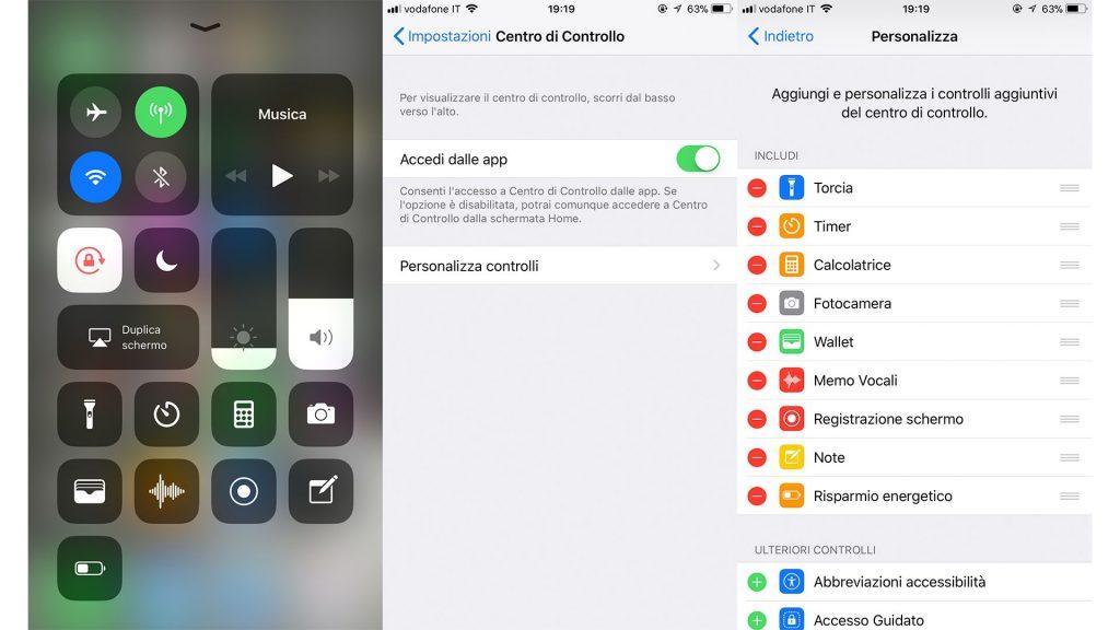 come personalizzare pannello di controllo di iphone x