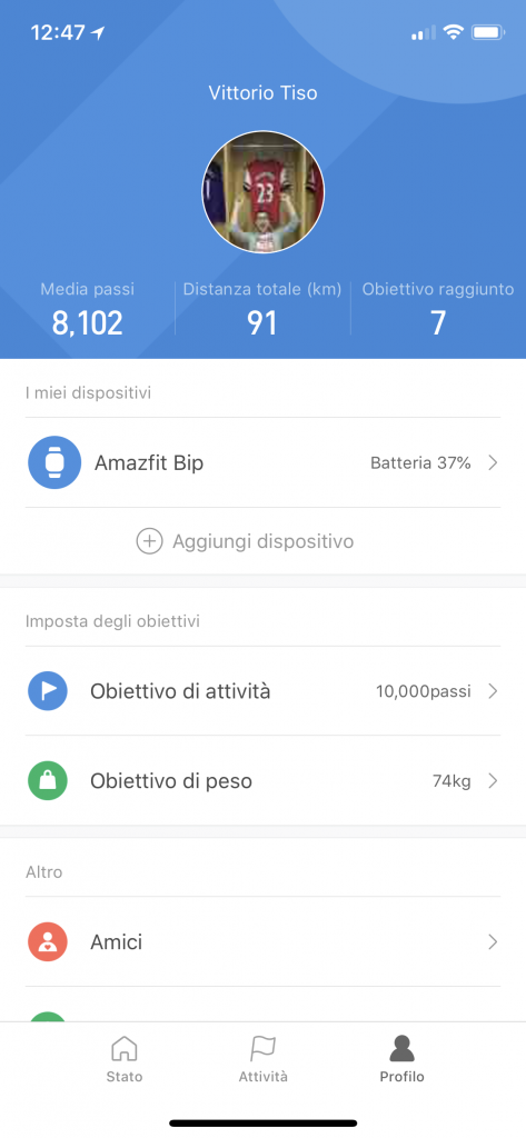 amazfit bip - app profilo