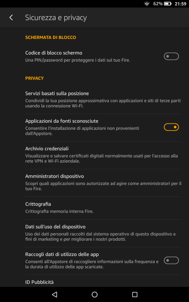 applicazioni fonti sconosciute amazon fire