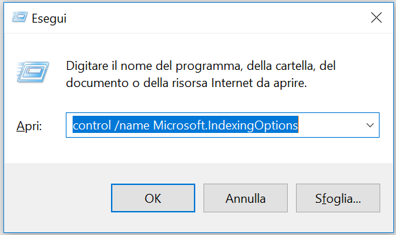 barra di ricerca windows 10 con cortana - Ricostruire l’indice dei file - passo 1