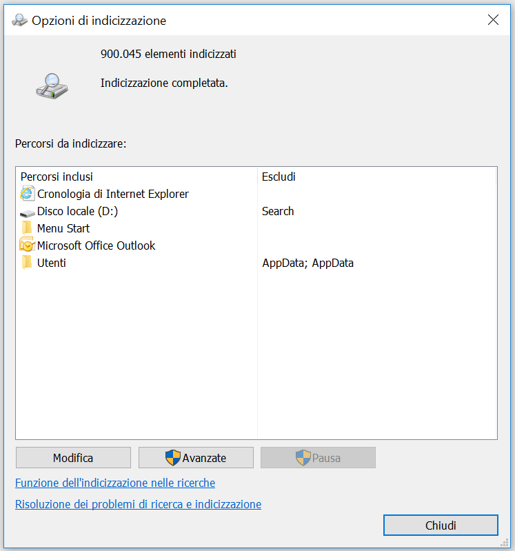 barra di ricerca windows 10 con cortana - Ricostruire l’indice dei file - passo 2