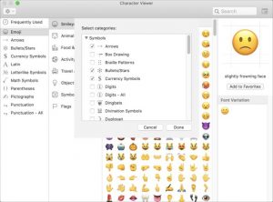 Schermata set simboli in macOS