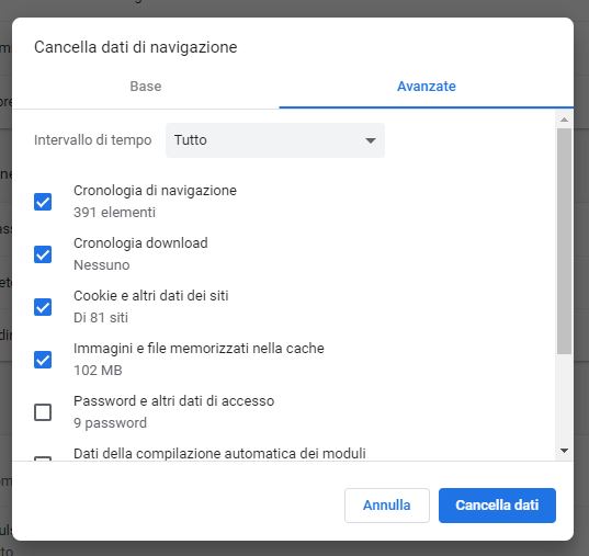 cancella i dati di navigazione - google chrome