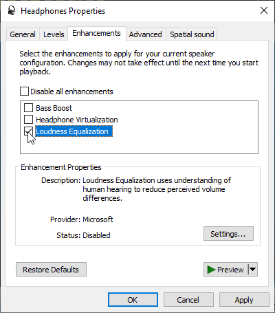 L'opzione "Equalizzazione volume", nella scheda "Miglioramento", di Windows 10. 