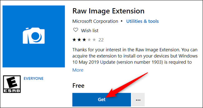 La pagina ufficiale dello store Microsoft dedicata a Raw Images Extension