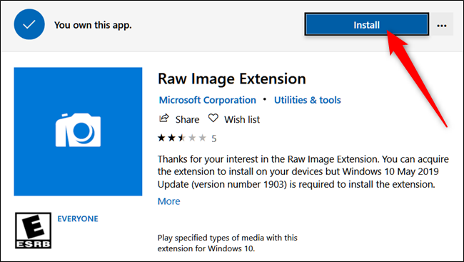 La pagina ufficiale dello store Microsoft dedicata a Raw Images Extension