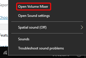 la voce "Apri mixer volume" di Windows 10.