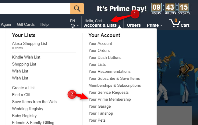 Il menù nella home page di Amazon da cui poter accedere al programma Prime