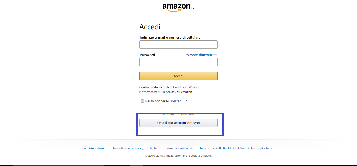 Il pulsante "Crea il tuo account Amazon".