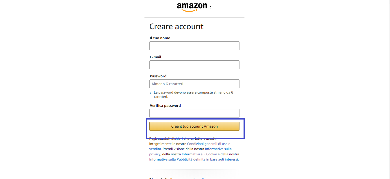 Il pulsante "Crea il tuo account Amazon".