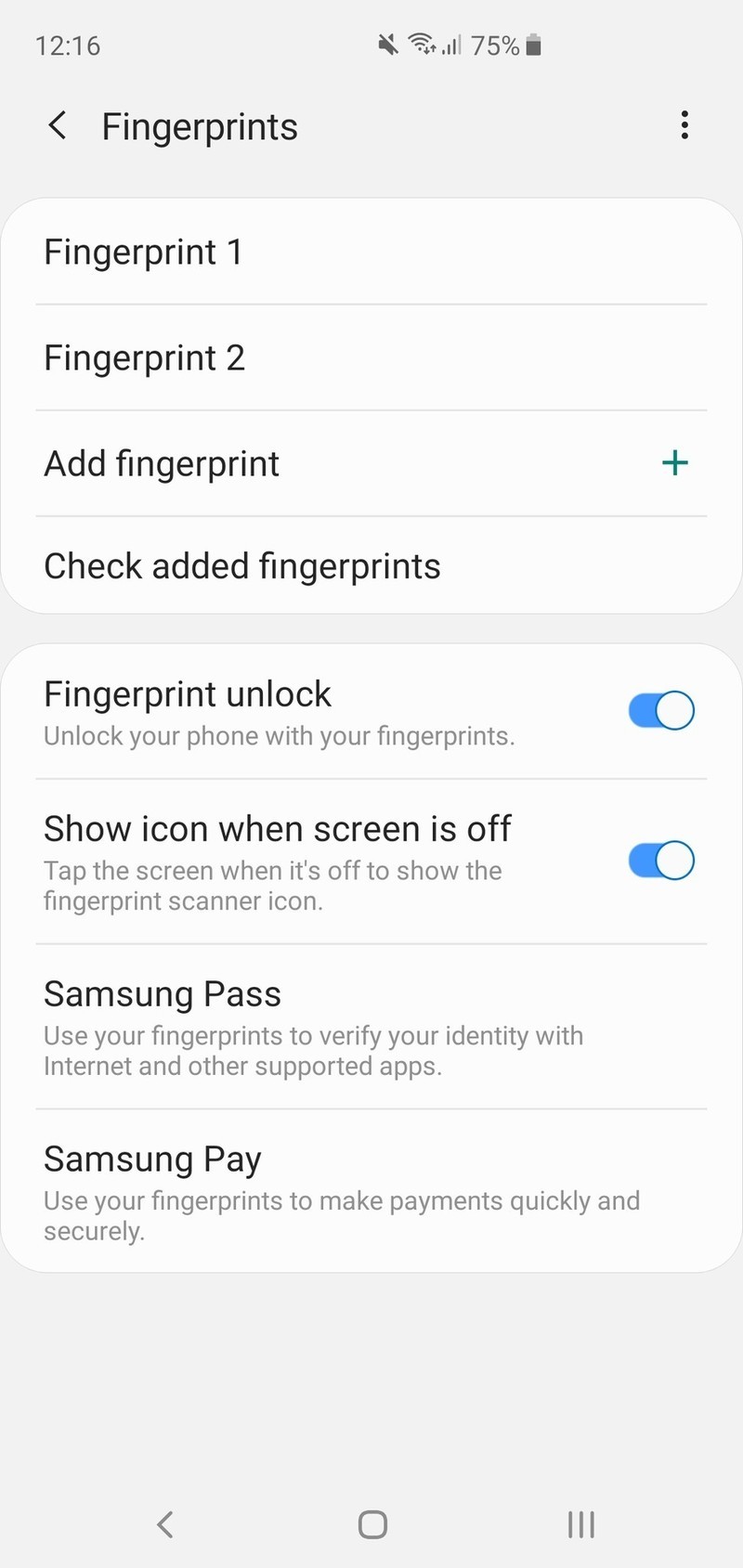 Il menu di Galaxy S10 da cui poter aggiungere o rimuovere le impronte digitali