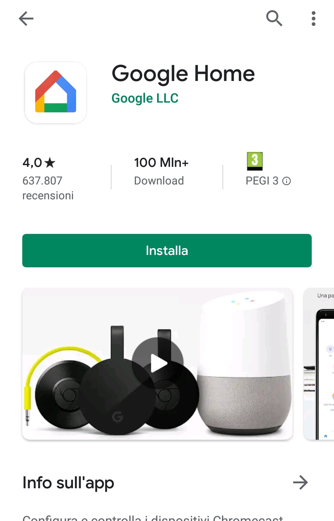 La pagina di Google Play Store dedicata a Google Home per Android