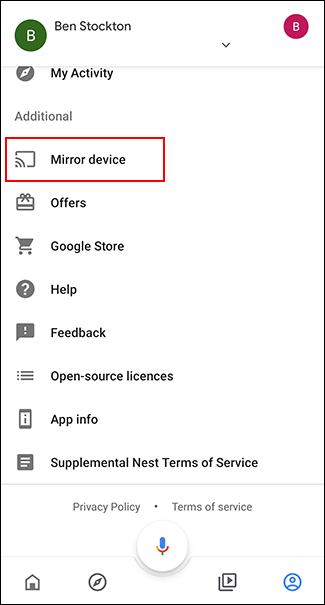 La voce "Mirror device" nell'app Google Home per Android