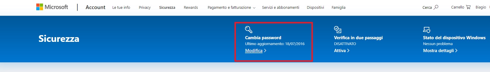 La voce che consente di cambiare la password