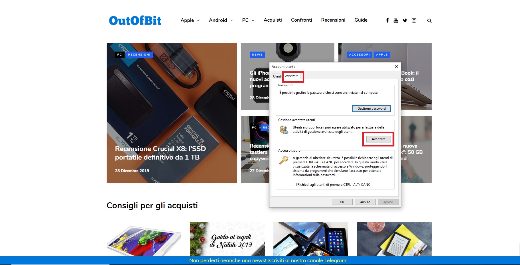 La finestra per apportare modifiche all'account 