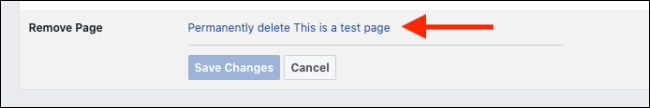 Il pulsante per eliminare la propria pagina Facebook