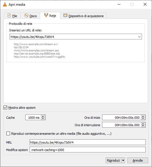 Video di YouTube con VLC