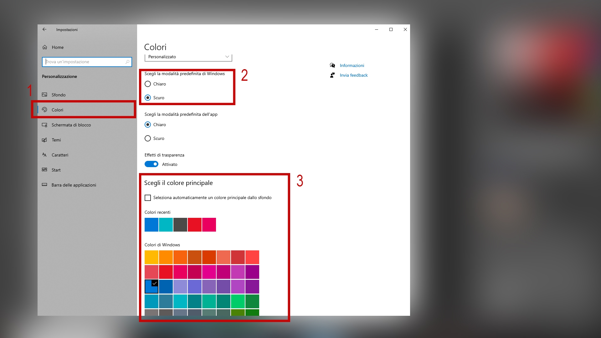 La schermata da cui è possibile modificare i colori di Windows