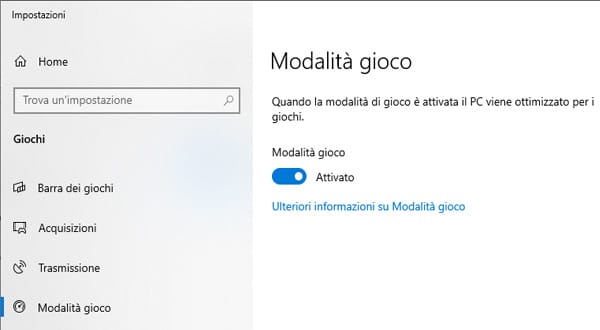 Modalità gioco Windows 10