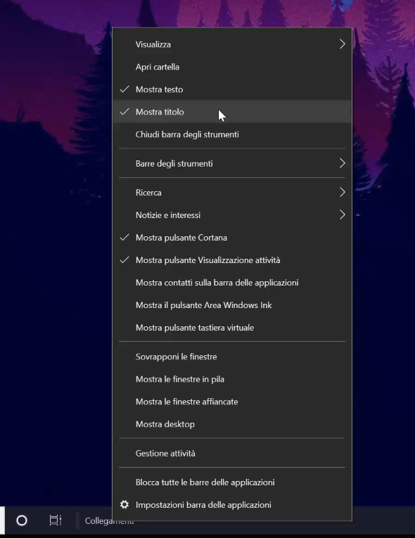 centrare le icone nella barra delle applicazioni di Windows 10 - facciamo sparire i collegamenti