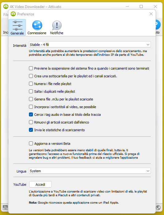 4K Video Downloader - impostazioni