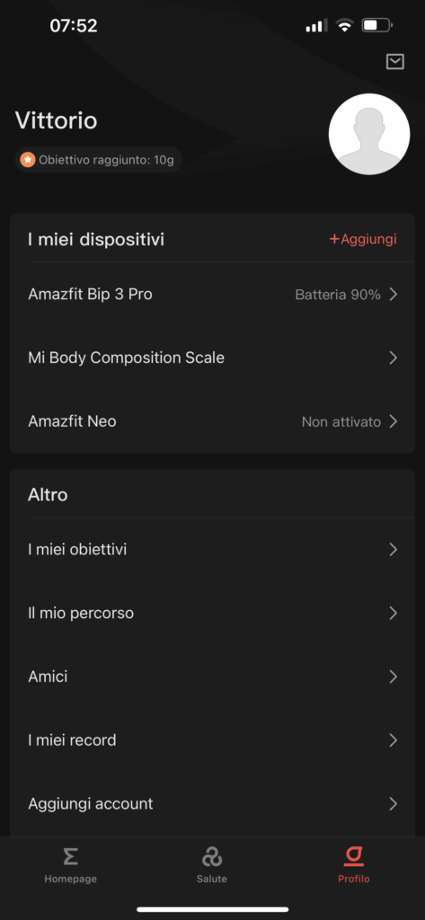 Recensione Amazfit Bip 3 Pro - app zepp - profilo