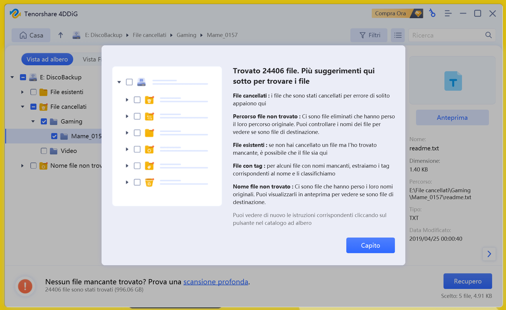 4ddig tenorshare - scansione terminata si passa al recupero file