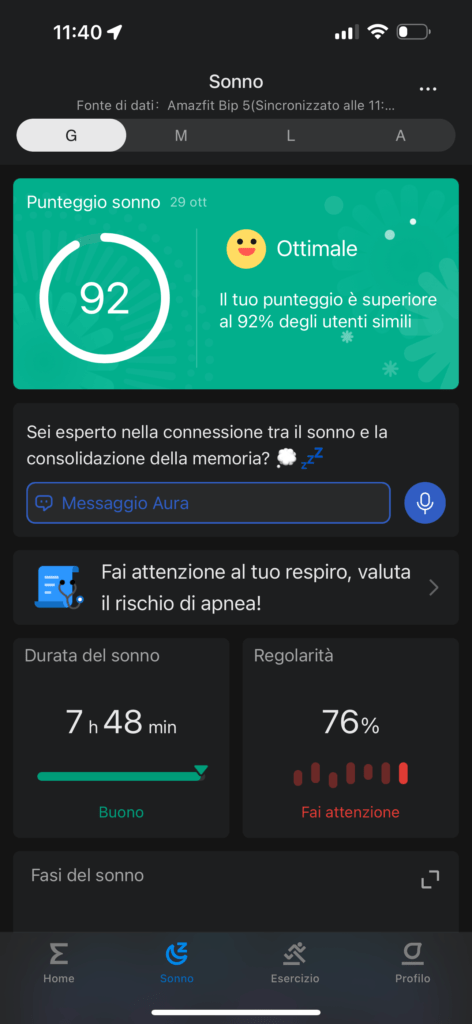 Recensione Amazfit Bip 5 - app zepp - sonno