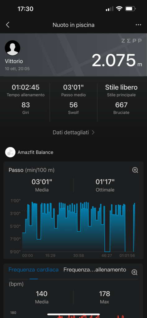 app zepp per amazfit balance - nuoto