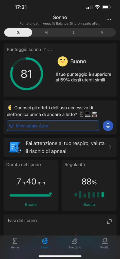 app zepp per amazfit balance - sonno