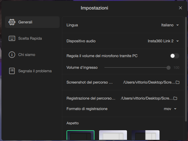 insta 360 link 2 - impostazioni